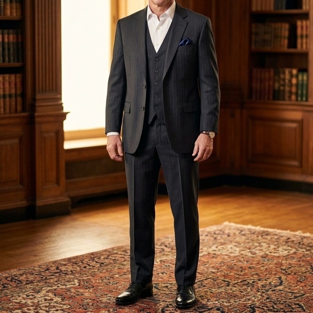 Bachrach Mens Silk Wool Pinstripe 3 Piece Suit Size 40L 34W Charcoal Pinstripe